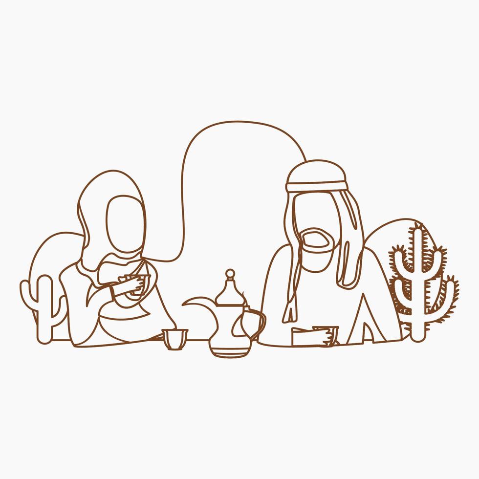 casal árabe editável tendo ilustração vetorial de café árabe com pote dallah e xícaras finjan em estilo de contorno para momentos islâmicos ou design relacionado ao café de cultura árabe vetor