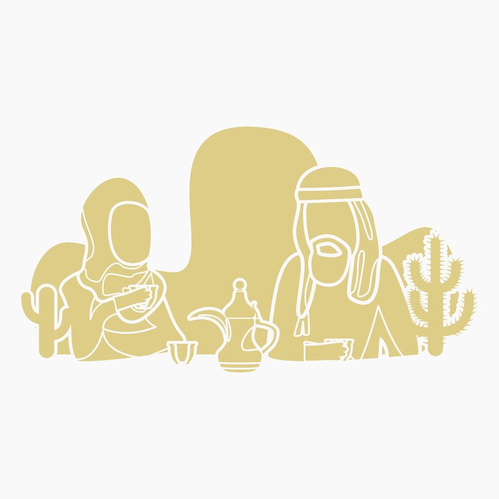 casal árabe editável com ilustração vetorial de café árabe com pote dallah e xícaras finjan em estilo monocromático plano para momentos islâmicos ou design relacionado ao café de cultura árabe vetor