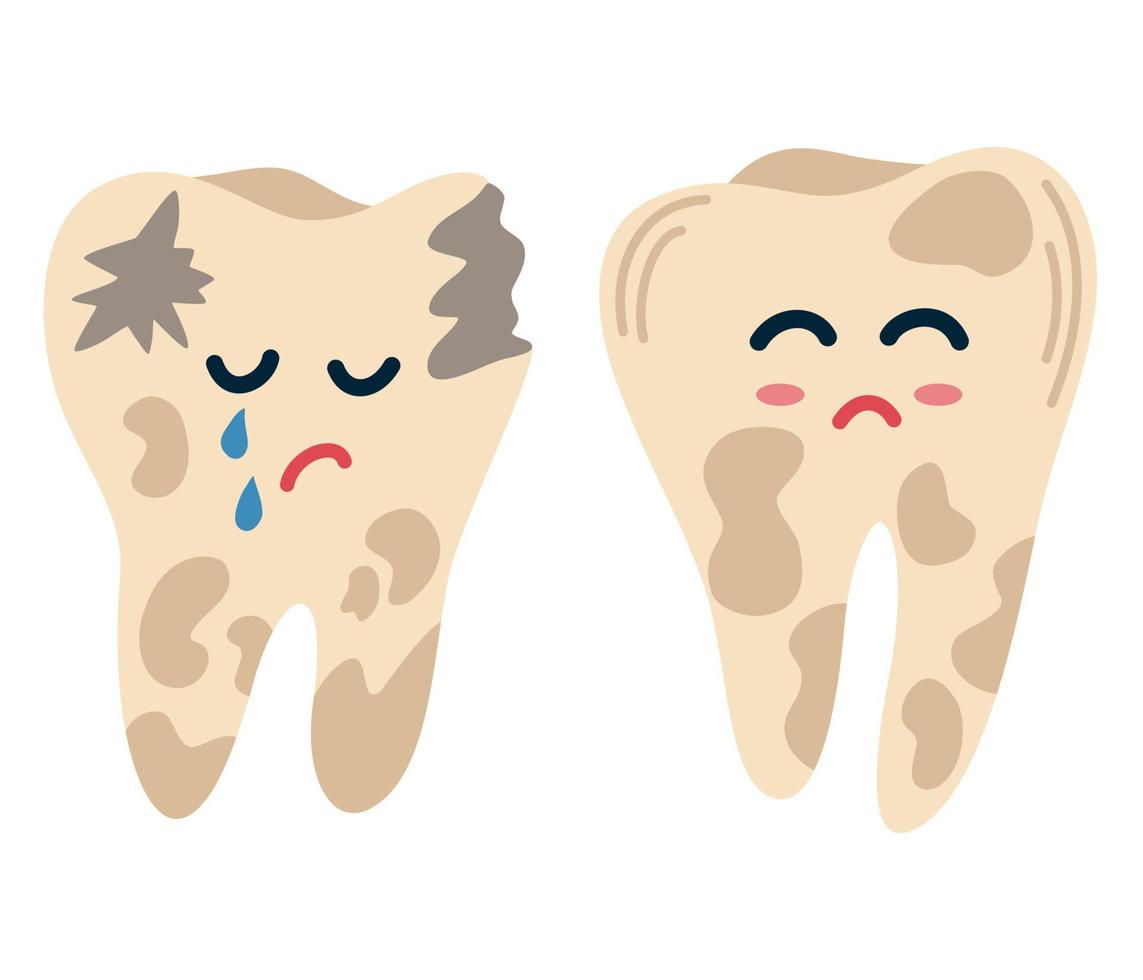 dentes com cárie. dente triste dos desenhos animados com uma doença e um buraco. cuidado dental. para crianças instruções sobre escovação de dentes, impressão e livretos. ilustração de desenho de mão vetorial vetor