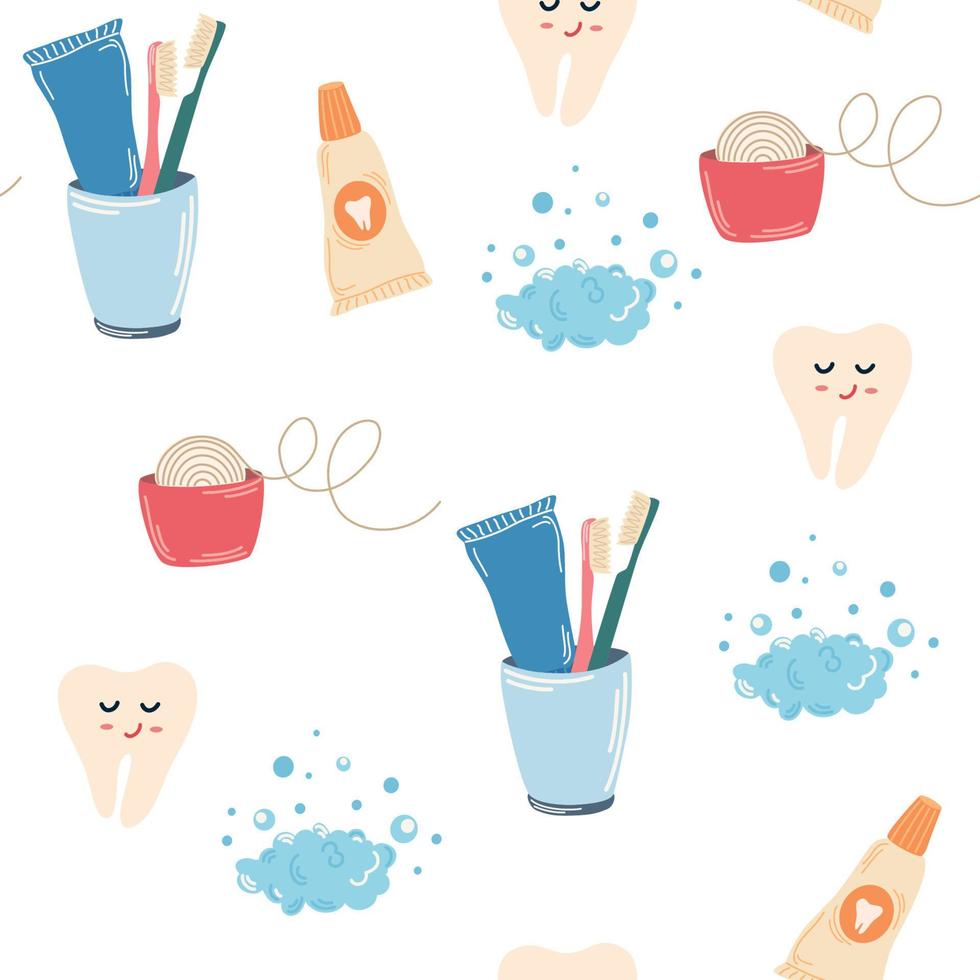 padrão sem emenda de atendimento odontológico. dente, fio dental, creme dental, escova de dentes, personagens de desenhos animados. tratamento e higiene bucal. têxtil, papel de parede, estampas. ilustração vetorial plana vetor