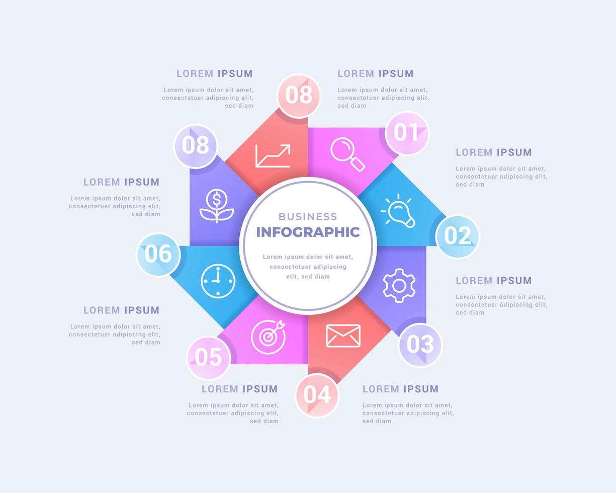 modelo de infográfico de diagrama circular de conceito de visualização de negócios moderno com oito etapas ou opção. estilo de morfismo de vidro. projeto de conceito criativo vetor