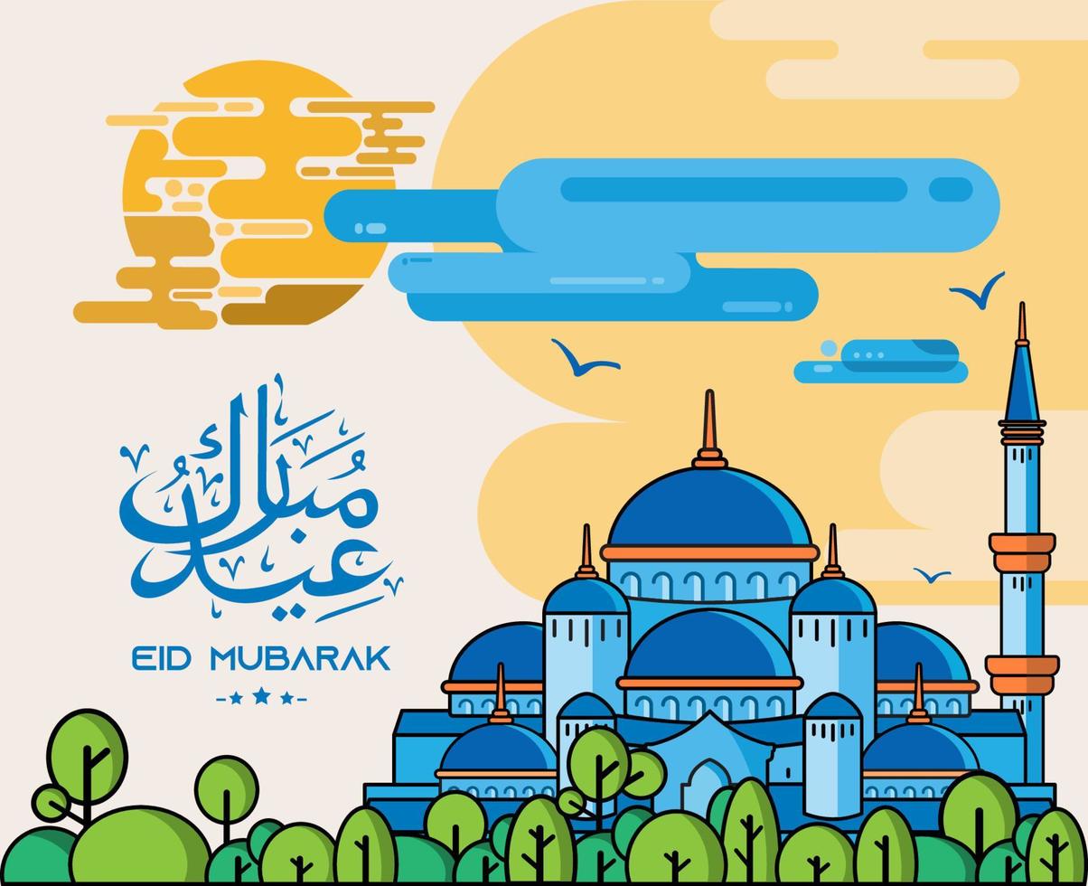 cumprimentando eid mubarak com ilustrações simples de mesquitas e natureza vetor