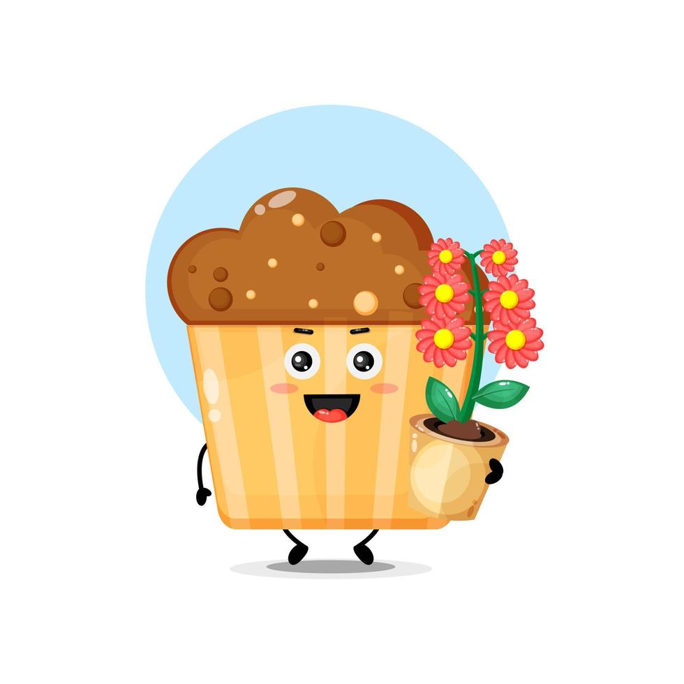 personagem de muffin fofo carregando flores vetor