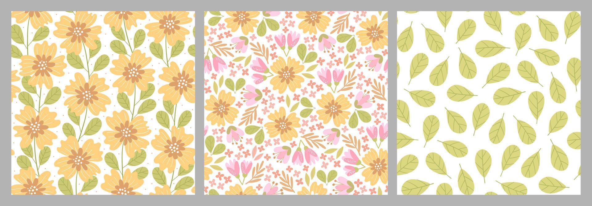 conjunto de padrões sem emenda desenhados à mão com flores. ilustrações florais coloridas para papel e embrulho. design moderno de impressão de tecido. fundo elegante criativo. vetor