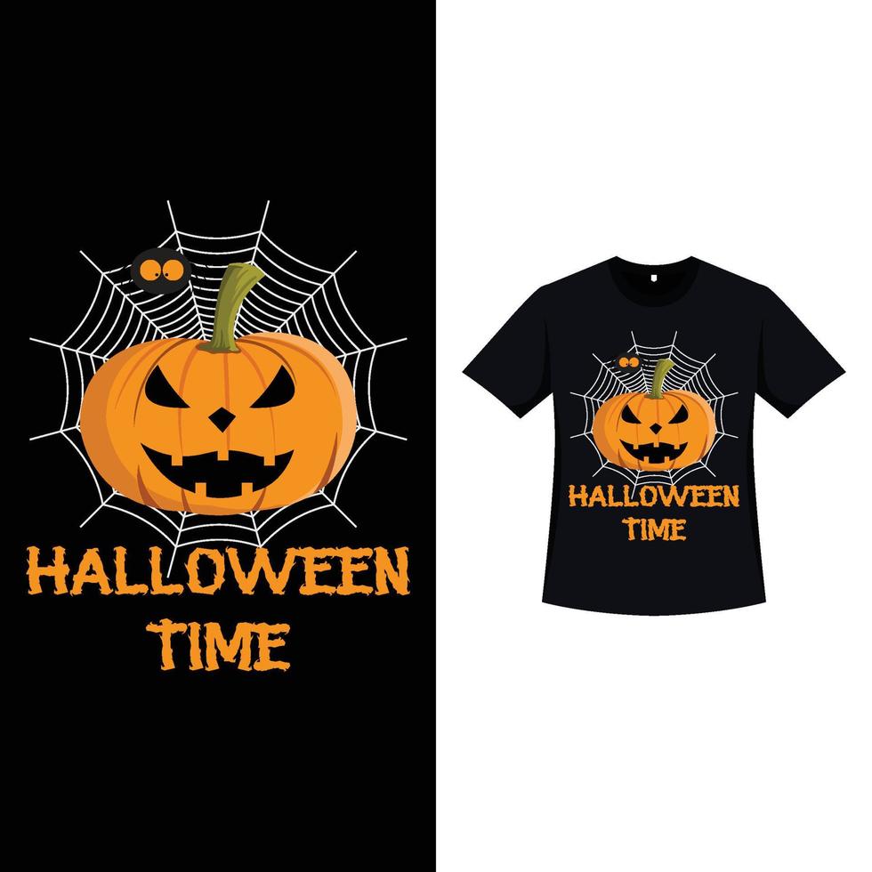 design de t-shirt de cor preta de halloween com uma abóbora assustadora. design de elementos de halloween com uma lanterna de abóbora maligna, aranha, web e caligrafia. design de t-shirt assustador para o halloween. vetor