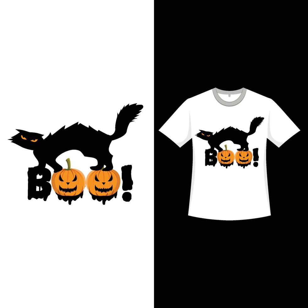 design de t-shirt de cor retrô de halloween com uma silhueta de gato assustador. design de desgaste de moda de halloween com uma silhueta de gato e caligrafia. design de t-shirt de cor vintage assustador para o halloween. vetor