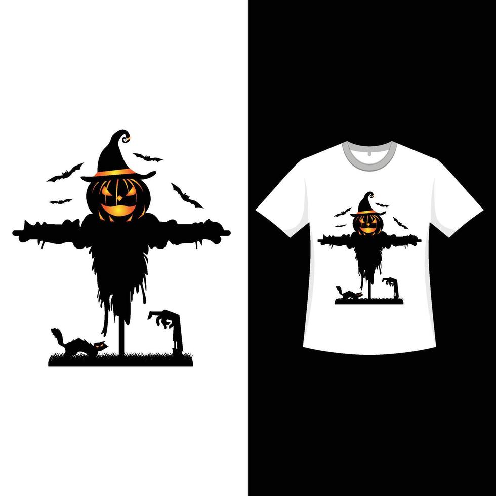 design de t-shirt de cor retrô de halloween com um espantalho assustador. design de moda de halloween com uma silhueta de gato e espantalho. design de t-shirt de cor vintage assustador para evento de halloween. vetor