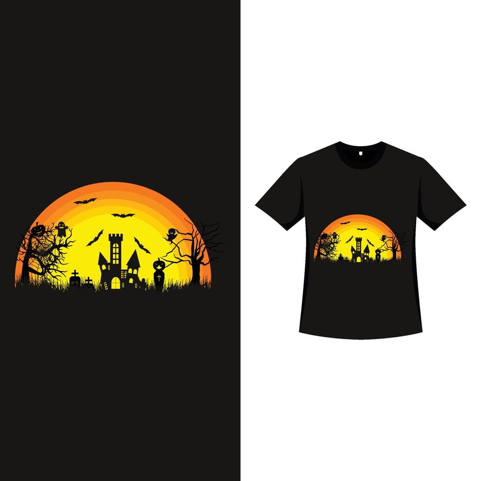 design de t-shirt de halloween com cor vintage e casa assombrada. design de silhueta de elemento assombrado com lanterna de abóbora, fantasmas, casa assombrada e árvore morta. design de camiseta assustador para evento de halloween. vetor