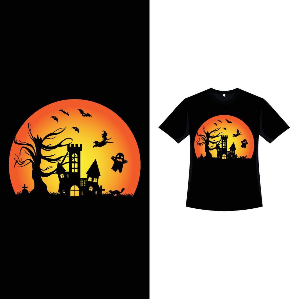 design de t-shirt vintage de halloween com caligrafia assustadora. design de desgaste de moda assustador de halloween com casa assombrada e silhueta de árvore morta. design de camiseta de cor retrô assustador para evento de halloween. vetor