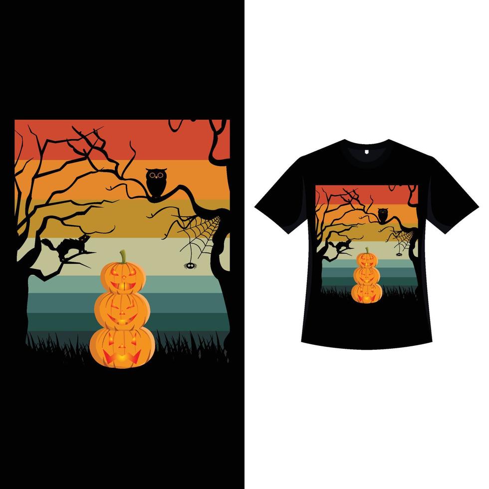 design de t-shirt de cor vintage de halloween com lanternas de abóbora. design de desgaste de moda de halloween com três lanternas de abóbora e silhueta de árvores mortas. design de camiseta de cor retrô assustador para evento de halloween. vetor