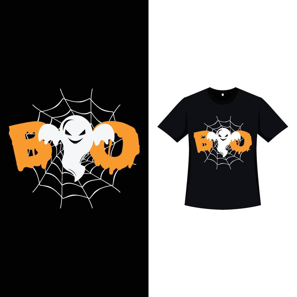 design de t-shirt de cor preta de halloween com fantasma branco e tipografia laranja. design de elementos de halloween com um fantasma branco, teia de aranha e caligrafia. design de t-shirt assustador para o halloween. vetor