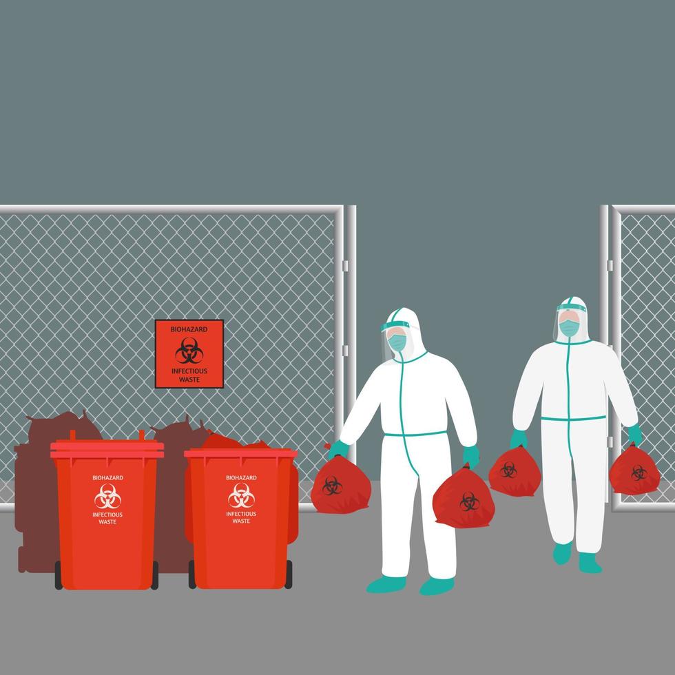 ilustração vetorial, funcionários do hospital em roupas de proteção de EPI para segurança pegue o saco de lixo infectado, descarte-o em um local com uma lata de lixo vetor