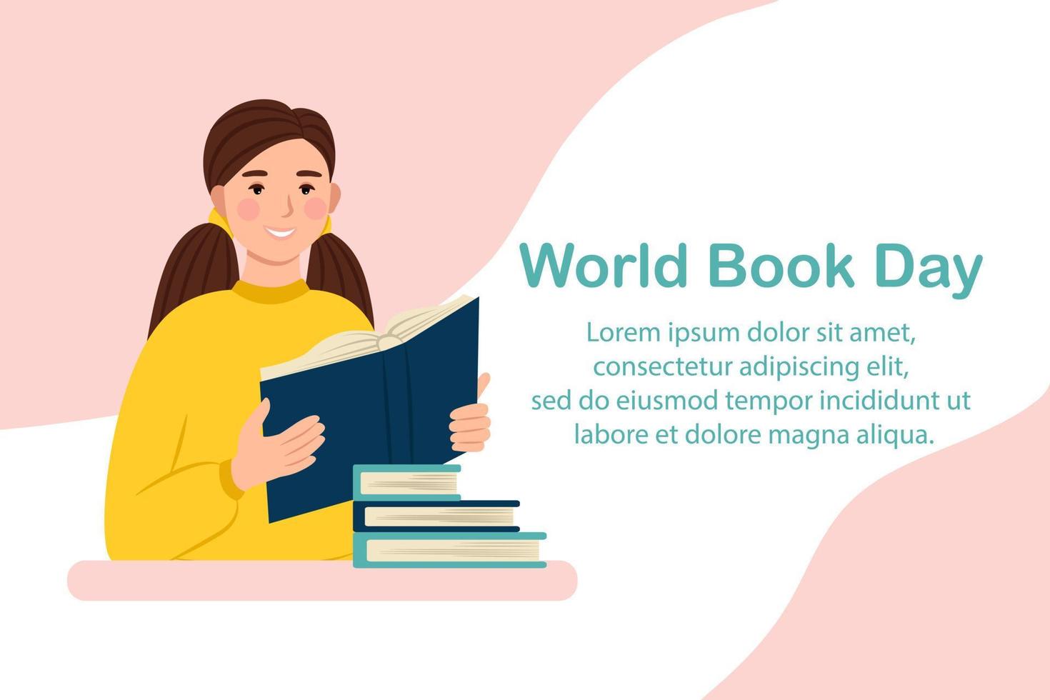 banner do dia mundial do livro, menina com livro nas mãos, ilustração vetorial vetor