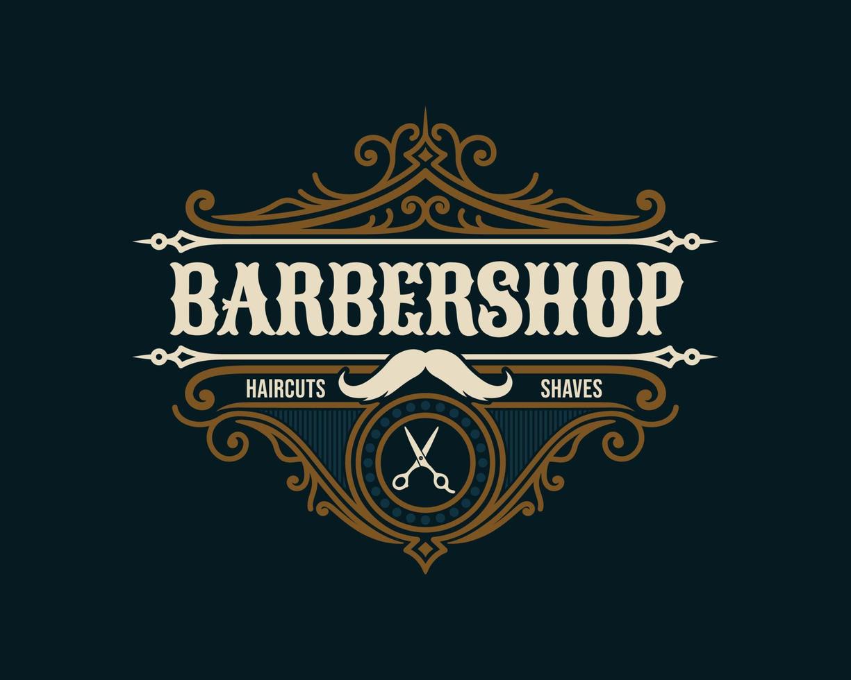 distintivo de logotipo de moldura de luxo vintage de barbearia com ornamento vitoriano floreio vetor