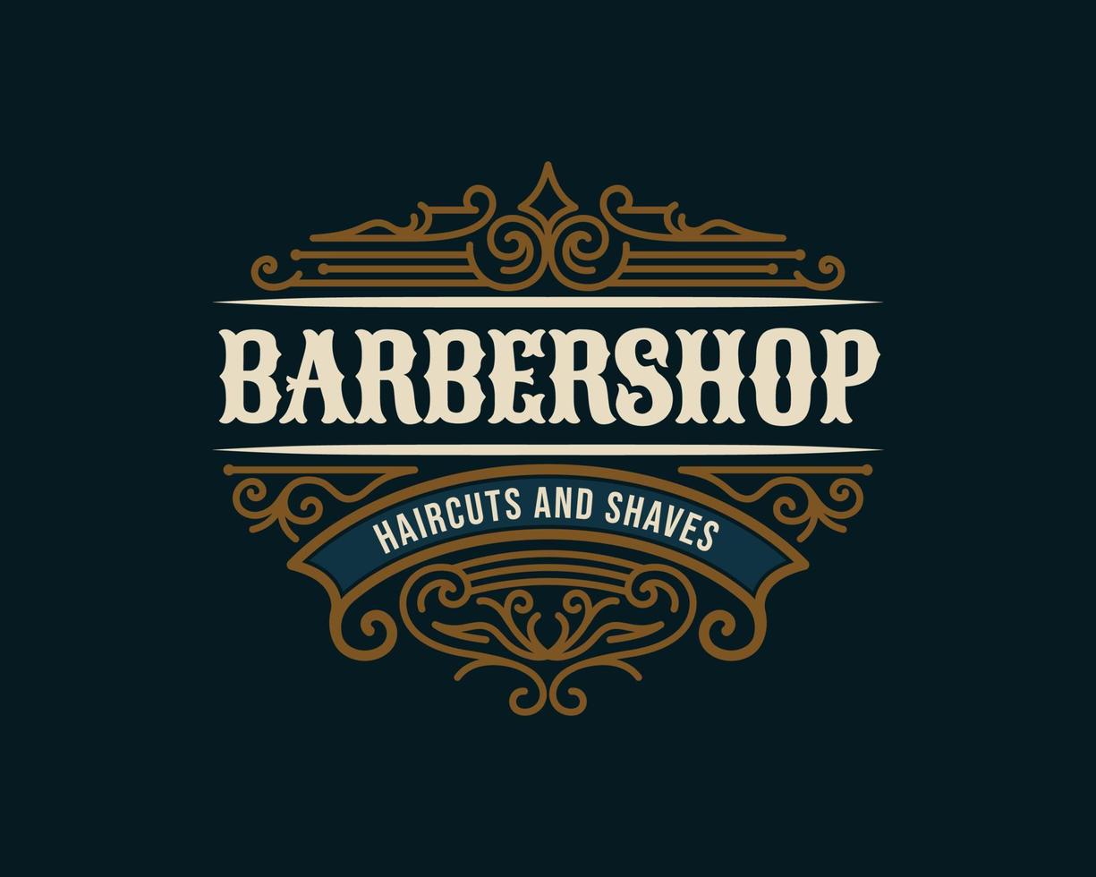 distintivo de logotipo de moldura de luxo vintage de barbearia com ornamento vitoriano floreio vetor