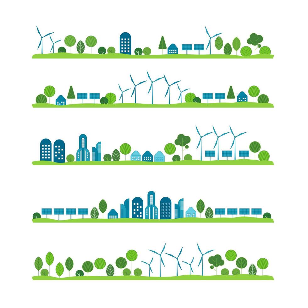 pacote de paisagens urbanas com eco cidade usando modernas tecnologias ecologicamente amigáveis - energia eólica, turbina eólica, energia solar, colinas e árvores. conceito de energia eco e verde. desenho vetorial vetor