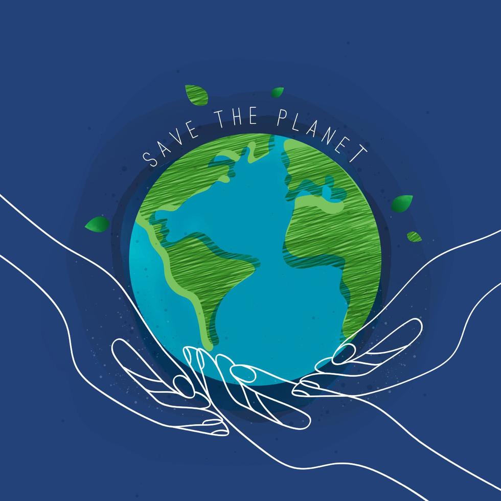 feliz Dia da Terra. dia da terra, 22 de abril com o globo, mapa do mundo e mãos para salvar o meio ambiente, salvar o planeta verde limpo, conceito de ecologia. cartão para o dia mundial da terra. desenho vetorial vetor