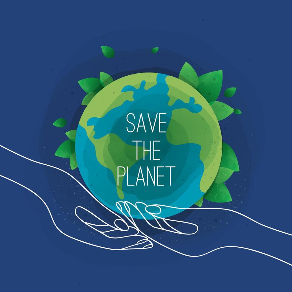 feliz Dia da Terra. dia da terra, 22 de abril com o globo, mapa do mundo e mãos para salvar o meio ambiente, salvar o planeta verde limpo, conceito de ecologia. cartão para o dia mundial da terra. desenho vetorial vetor
