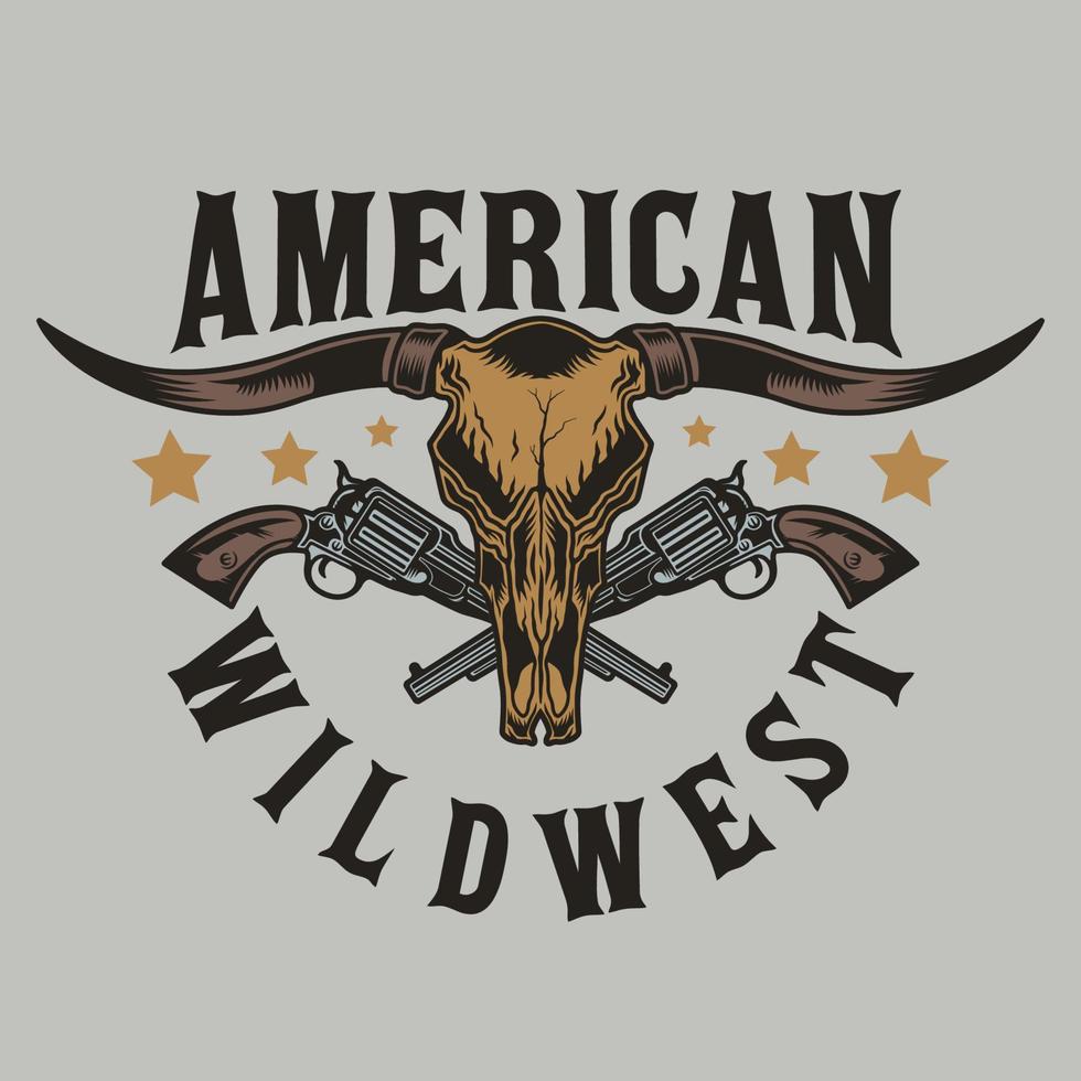 crânio de touro de chifre longo do oeste selvagem com revólver armas design de cowboy vetor