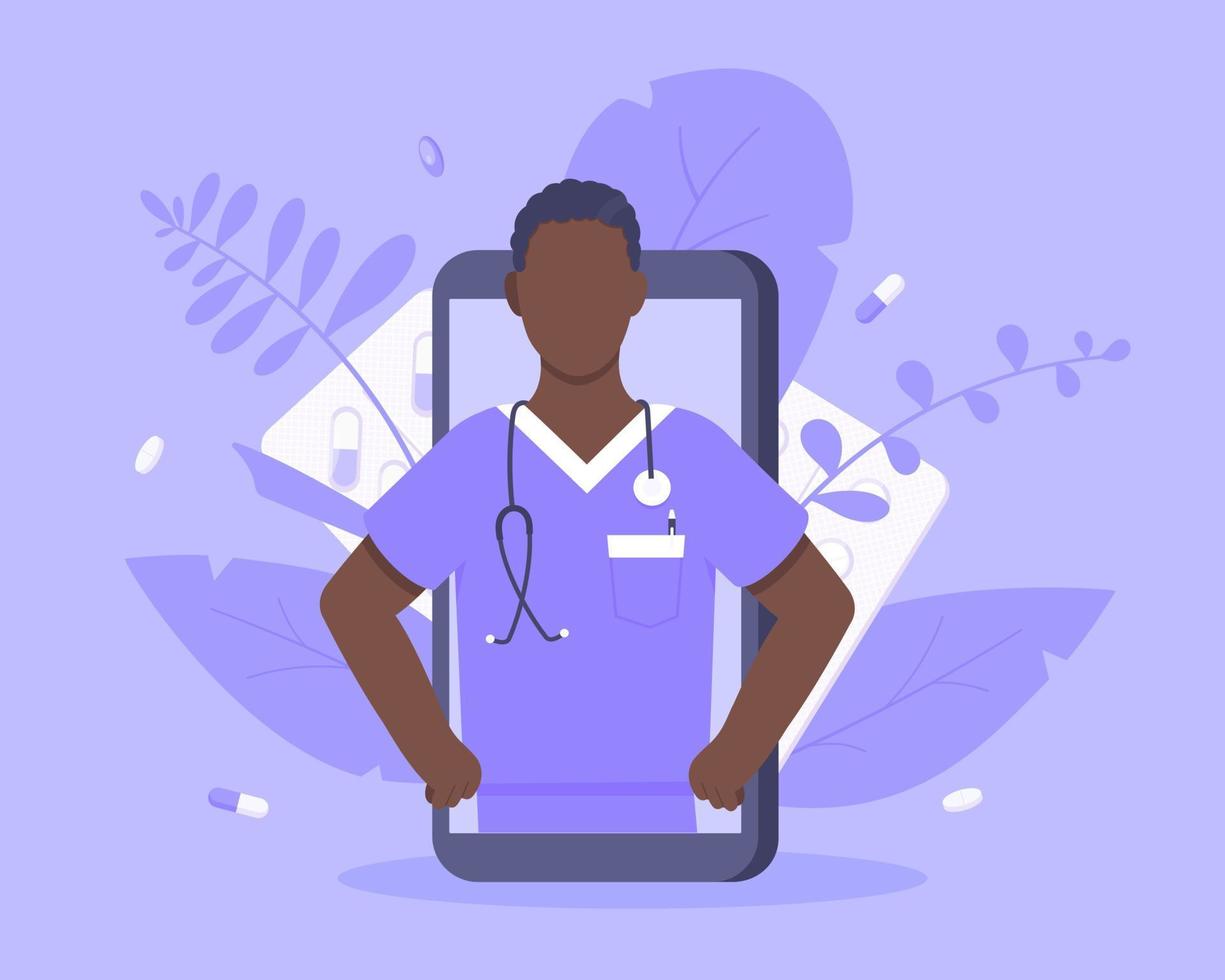 conceito de serviço médico on-line médico com médico na ilustração vetorial de smartphone. vetor