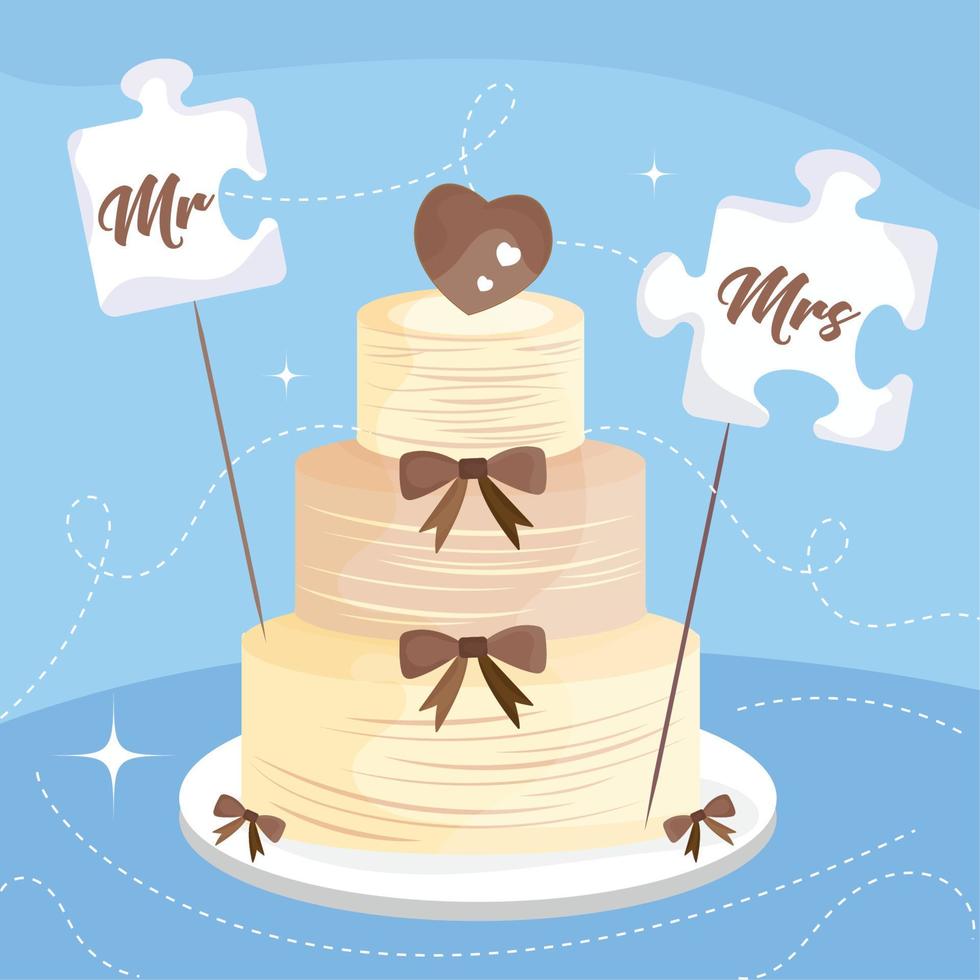 bolo de casamento de chocolate com fitas e vetor de modelo de casamento de coração