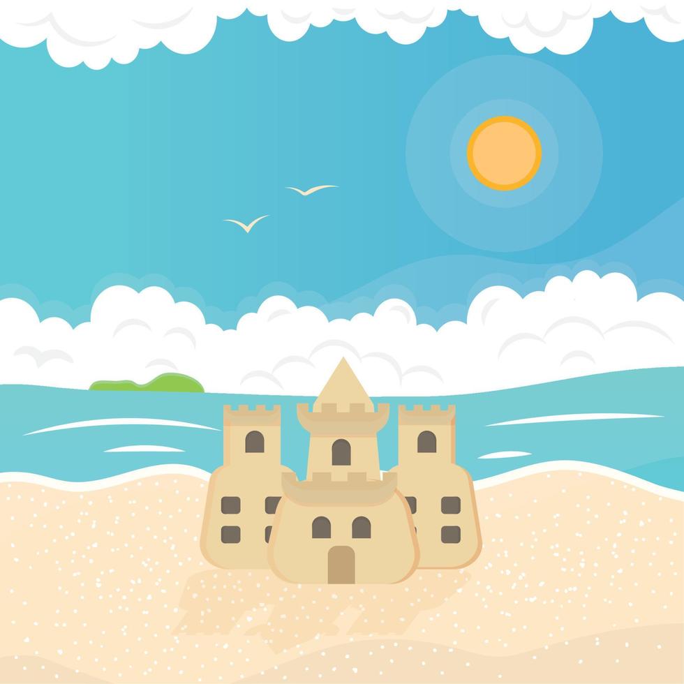 castelo de areia em um vetor de paisagem de viagem de férias de verão de praia
