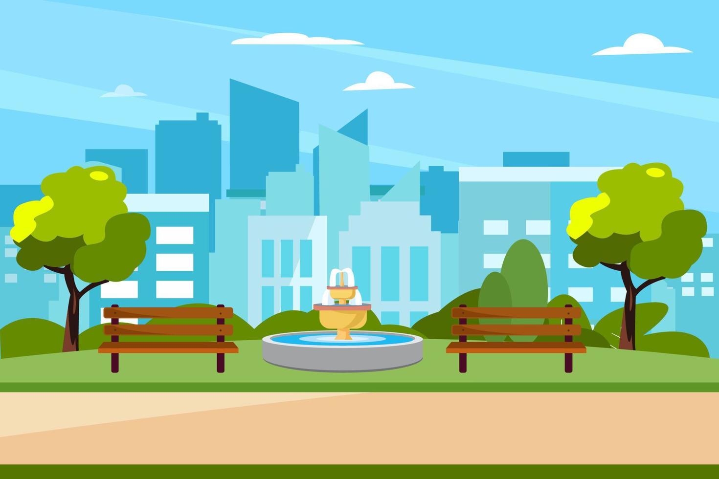 parque público da cidade com banco, árvores e iluminação pública. cidade grande em segundo plano. fundo de verão. modelo de vetor plana de ilustração de site de página de destino.