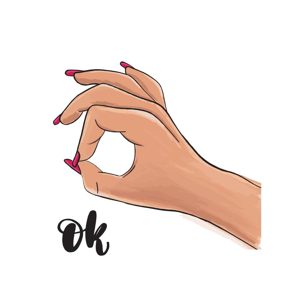 mão feminina mostrando ok, sobre um fundo branco, unhas vermelhas. ilustração vetorial de estoque, dedos mostrando o símbolo de um grande estado. estilo de desenho isolado, ilustração desenhada à mão. ok ícone, arte pop. vetor