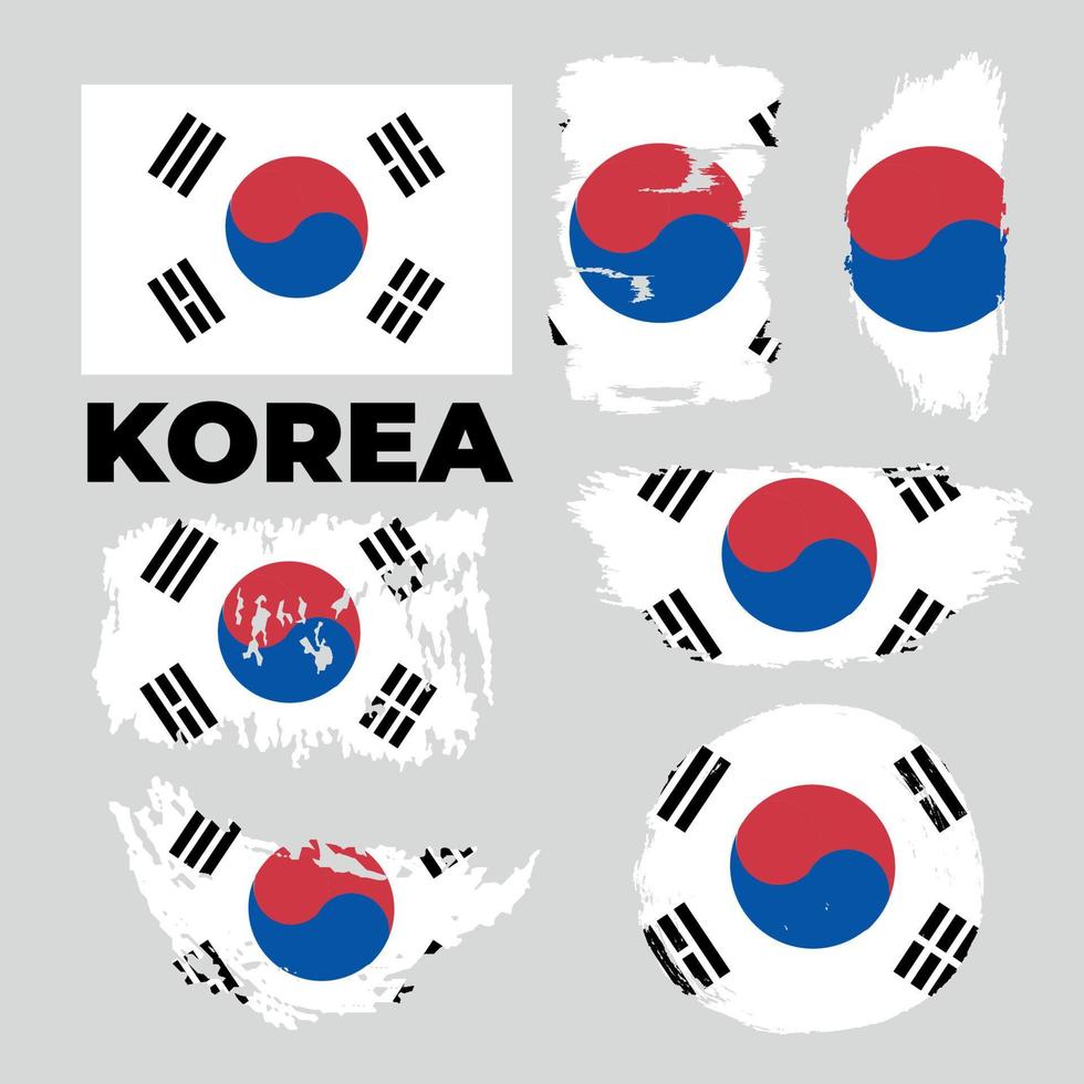 estilo pincel bandeira de cor da bandeira da coreia do sul, a cor branca com taegeuk e trigramas pretos. com texto de nome coreia do sul. ilustração vetorial vetor