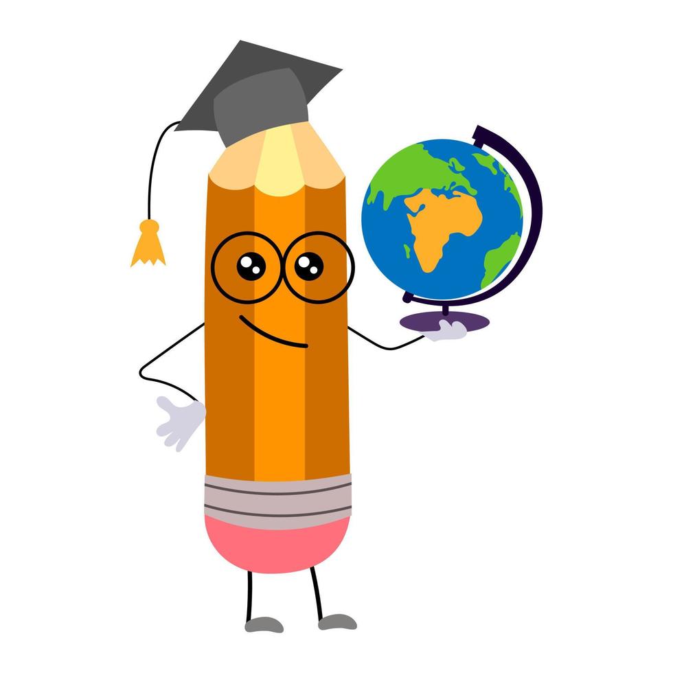 um lápis de desenho animado feliz em um chapéu de pós-graduação e com um globo nas mãos. o lápis engraçado humanizado está sorrindo. vetor