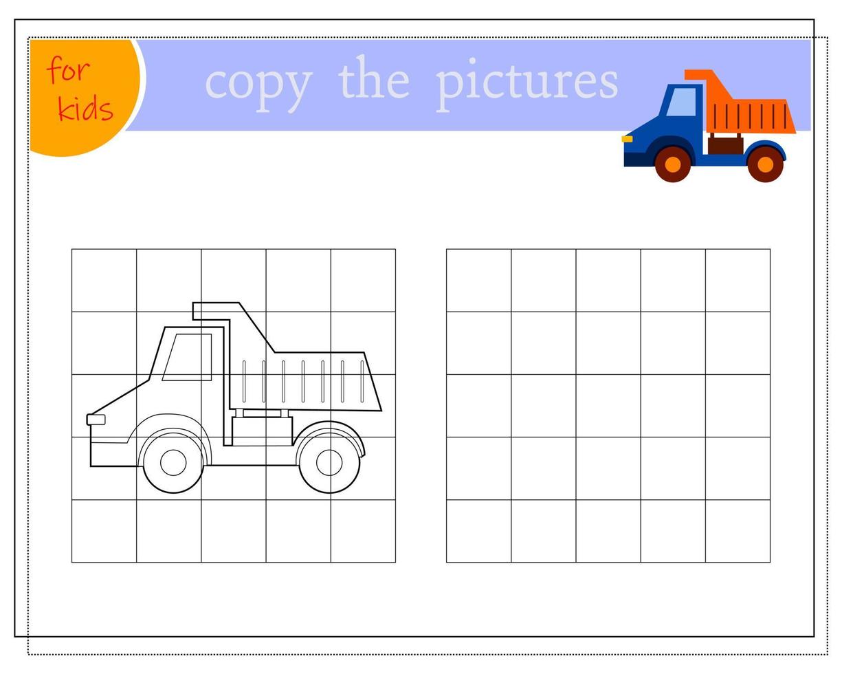 Copie a imagem do carro de desenho animado. jogo educativo para crianças.  prática de caligrafia.