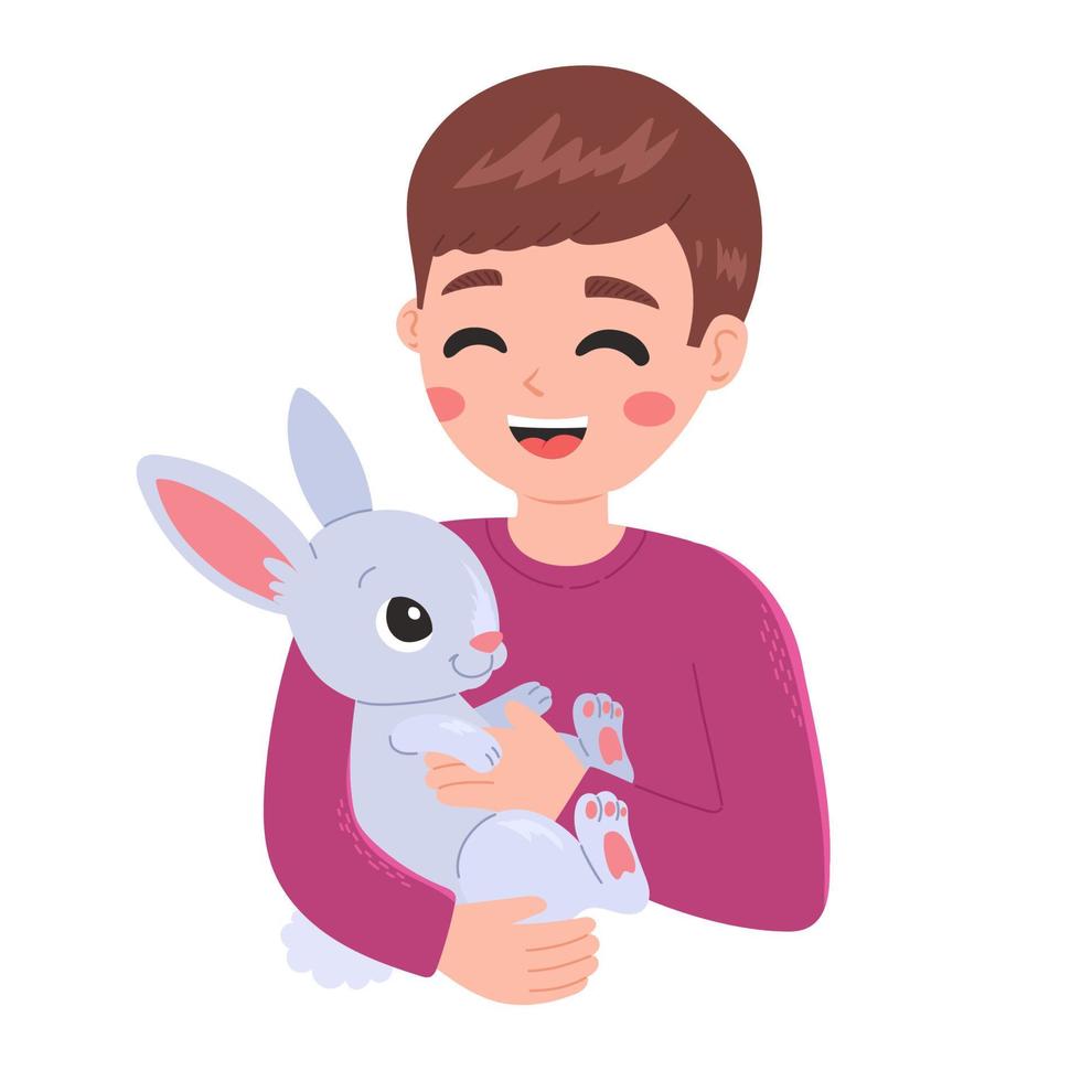 pessoas e animais de estimação menino feliz com ilustração vetorial de coelho vetor