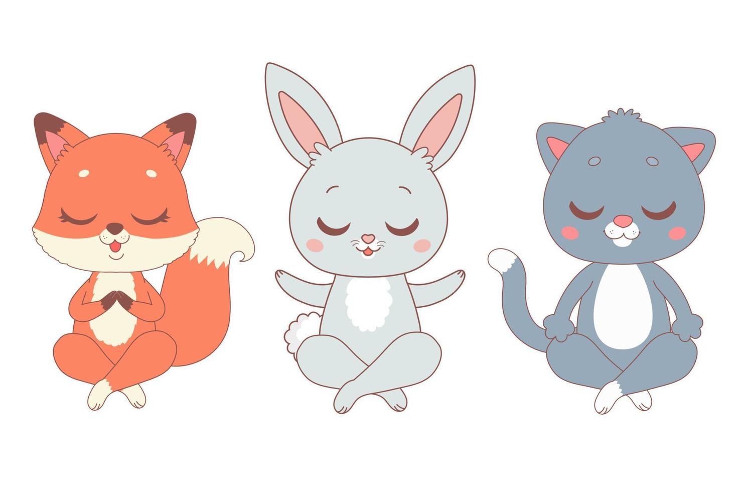 animais de desenho animado de ioga - raposa, coelho e gato, ilustração vetorial vetor