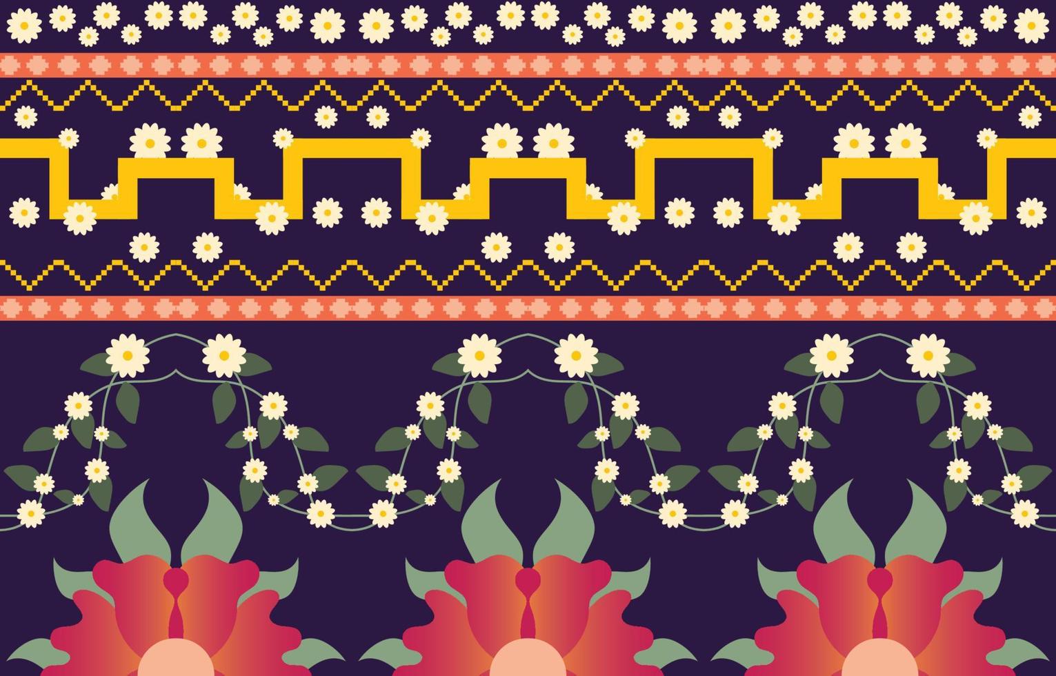 tecido colorido de flores, padrão étnico geométrico em design de fundo oriental tradicional para tapete, papel de parede, roupas, embrulho, batik, estilo de bordado de ilustração vetorial. vetor