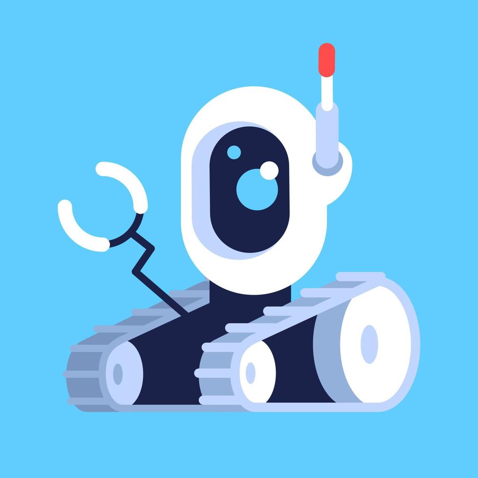 ilustração em vetor plana carro rastreado robótico. veículo droide com manipulador no controle remoto. assistente cibernético. dispositivo android inteligente. brinquedo de desenho animado isolado no fundo azul
