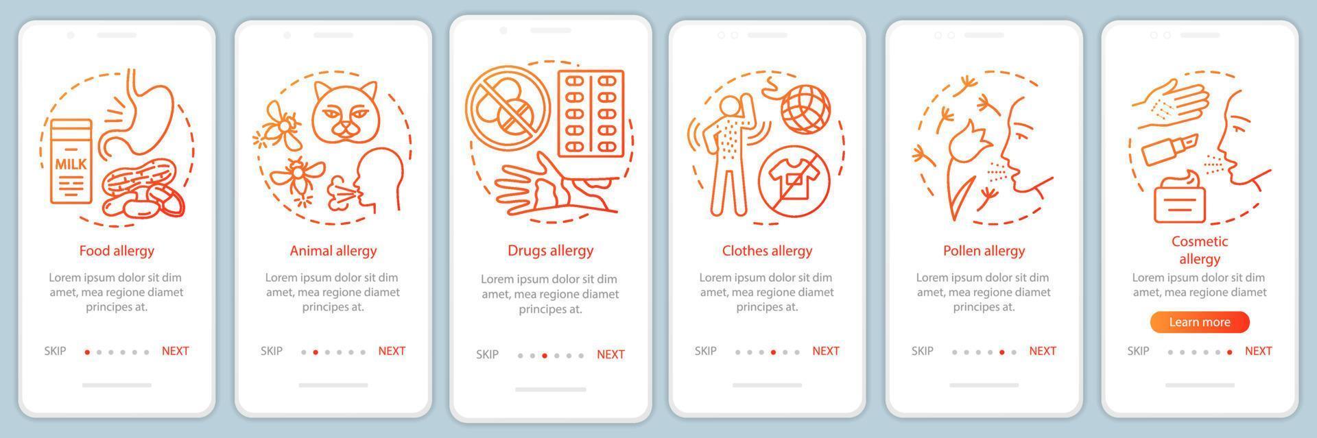 tipos de alergia integrando o modelo de vetor de tela de página de aplicativo móvel. alimentos, animais, roupas, alergias ao pólen. Passo a passo do site com ilustrações lineares. ux, ui, gui conceito de interface de smartphone