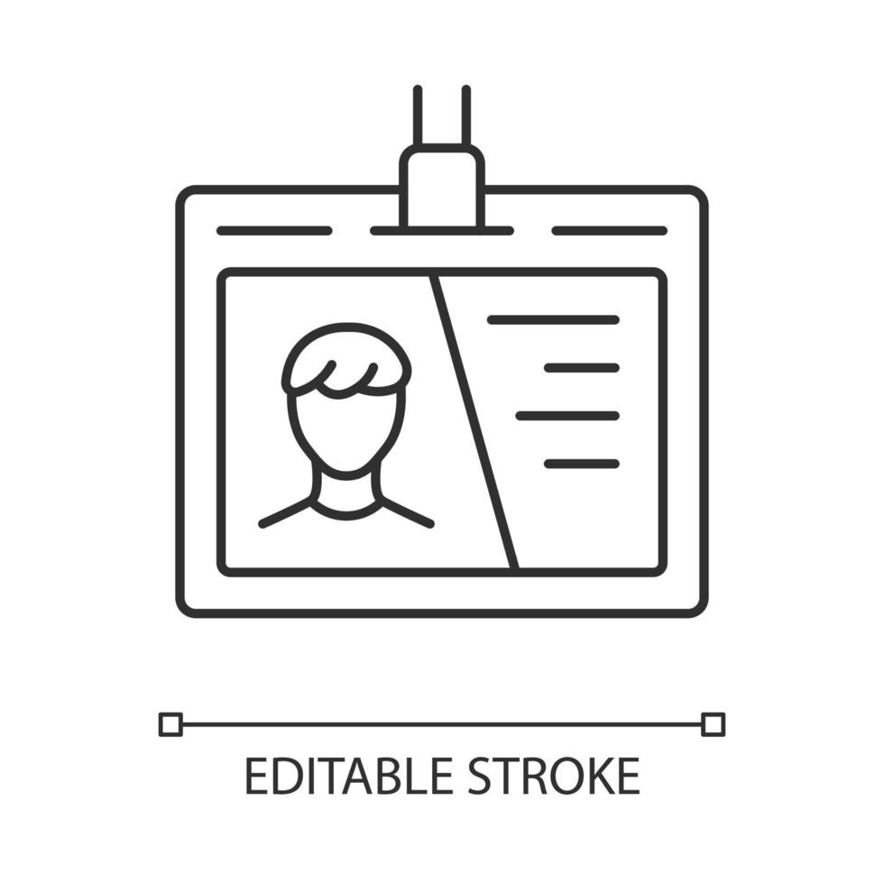 documento de identificação, ícone linear de marca de identificação. ilustração de linha fina de passagem de acesso. cartão plástico com símbolo de contorno da foto. empresário distintivo pessoal vector isolado desenho de contorno. traço editável