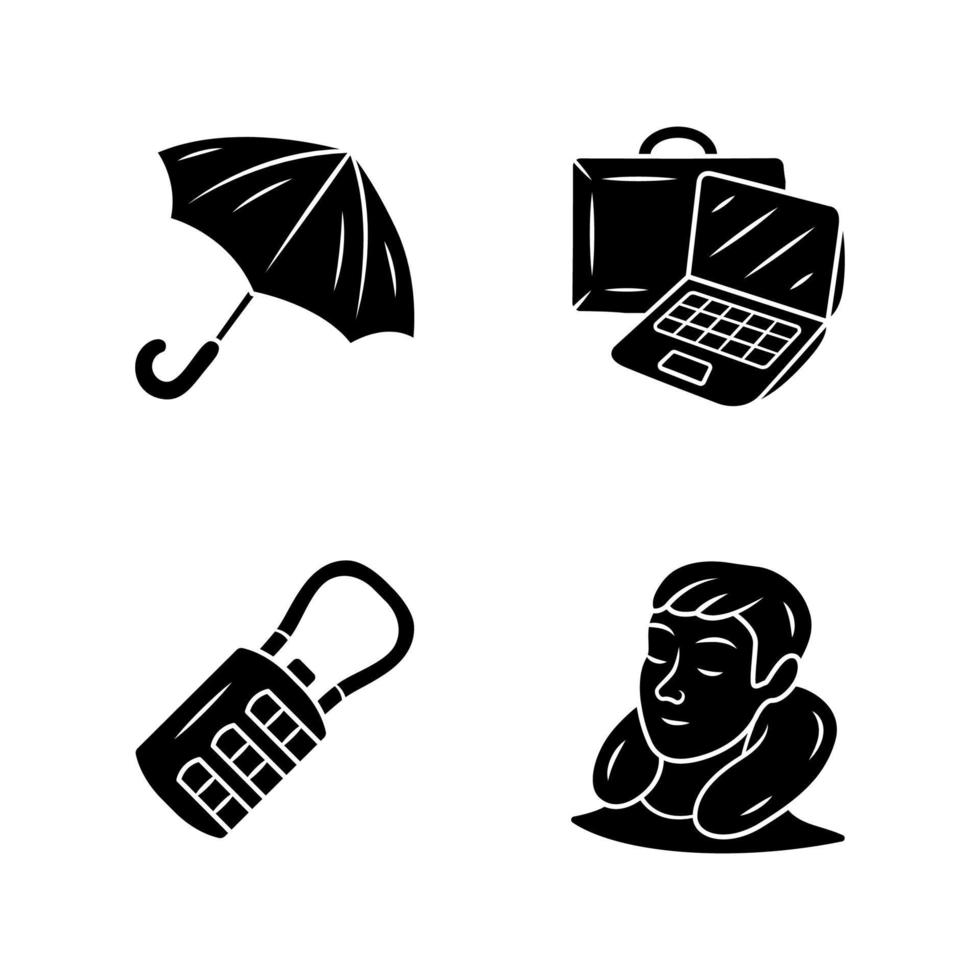 conjunto de ícones de glifo de acessórios de viagem. guarda-chuva, laptop com estojo. fechadura de combinação de mala, travesseiro de pescoço de viagem. turismo, símbolos de silhueta de equipamentos de viagem. ilustração vetorial isolada vetor
