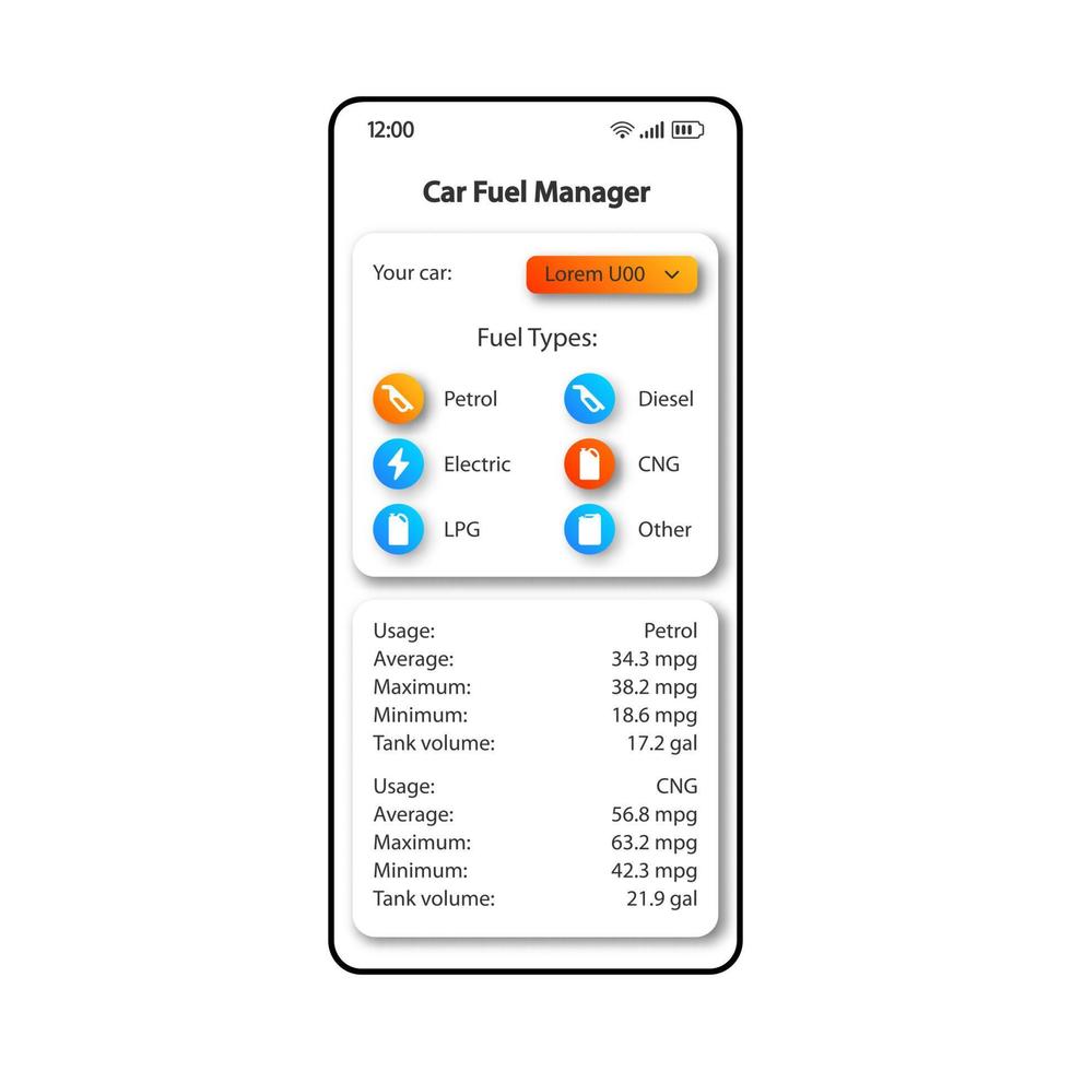 modelo de vetor de interface de smartphone organizador de reabastecimento de carro. layout de design de cor de página de aplicativo móvel. tela de lista de tipos de combustível. interface do usuário plana para aplicação. exibição do telefone do gerenciador de uso de gasolina ..