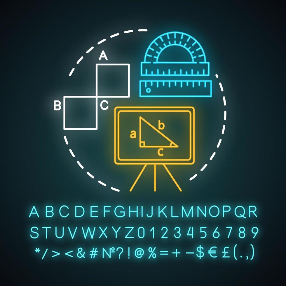 ícone do conceito de luz neon do curso de geometria. formas geométricas, triângulo no quadro branco, ideia de problema matemático. sinal brilhante com alfabeto, números e símbolos. ilustração vetorial isolada vetor