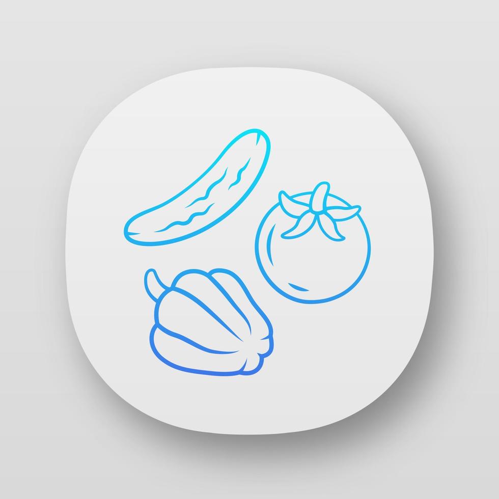 ícone do aplicativo de legumes frescos. dieta vegetariana e interface de usuário ui ux de alimentação saudável. web de comida vegana orgânica ou aplicativo móvel. ilustração isolada de vetor de pepino, tomate e pimentão