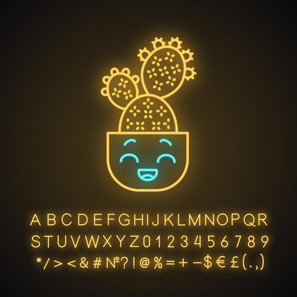 cacto de pera espinhosa personagem de luz neon kawaii bonito. cacto com cara de riso. opuntia no pote. emoji engraçado, emoticon. ícone brilhante com alfabeto, números, símbolos. ilustração vetorial isolada vetor