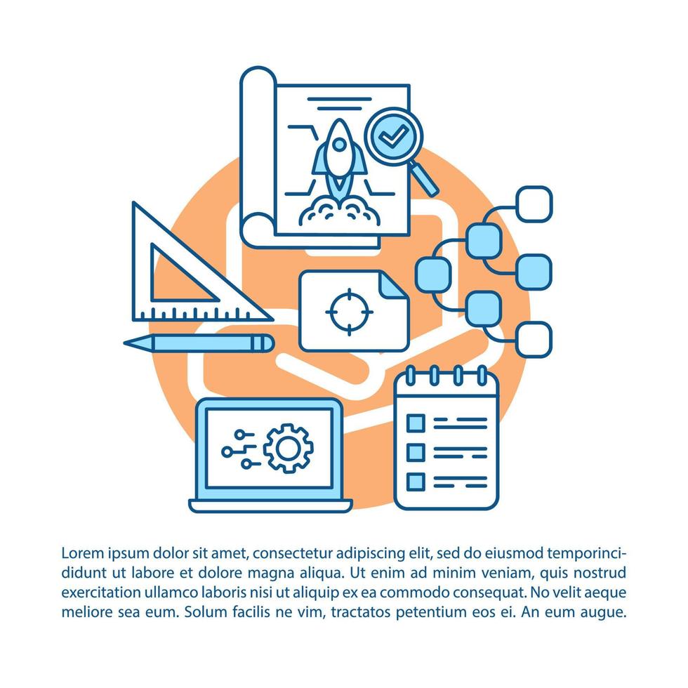 modelo de vetor de página de artigo de inicialização. projeto piloto. prototipagem. brochura, revista, elemento de design de livreto com ícones lineares e caixas de texto. design de impressão. ilustrações de conceito com espaço de texto