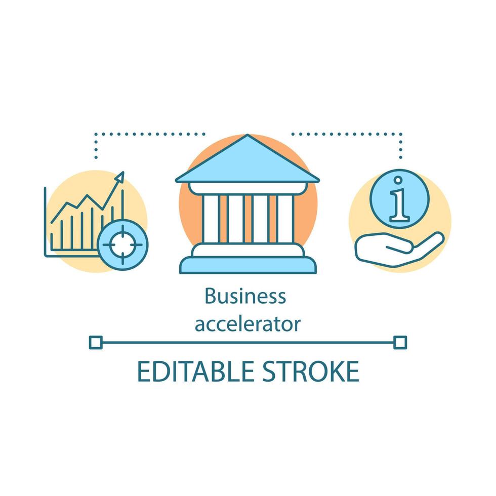 ícone do conceito de acelerador de negócios. programa de empréstimo. formação e investimento de empresários. informações de negócios suportam ilustração de linha fina de ideia. desenho de contorno isolado de vetor. traço editável vetor