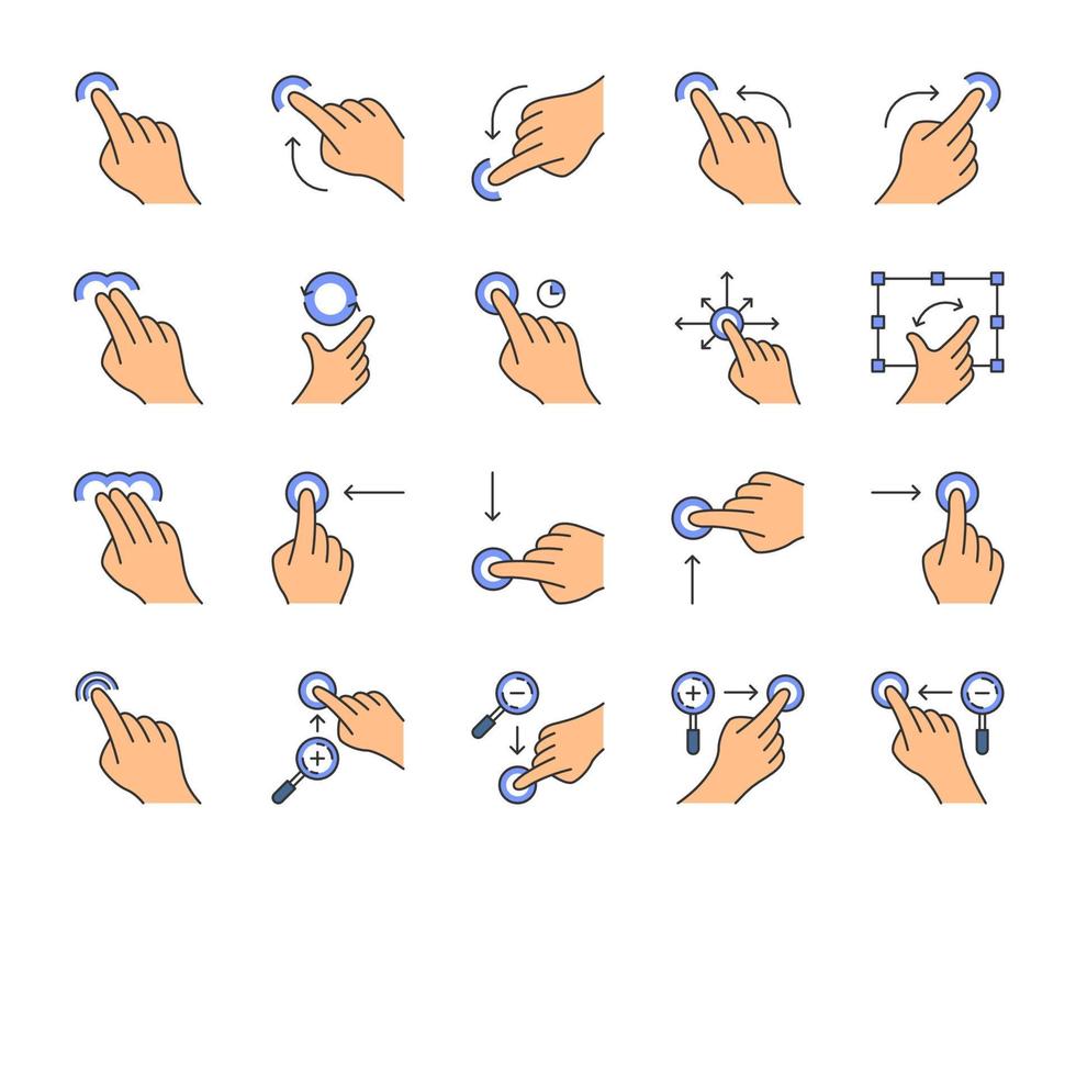 conjunto de ícones de cores de gestos de tela sensível ao toque. toque, aponte, toque 2x, clique 3x gesticulando. movimento, gesto de zoom. vertical, rolagem horizontal para cima, para baixo. arraste o dedo em todas as direções. ilustrações vetoriais isoladas vetor