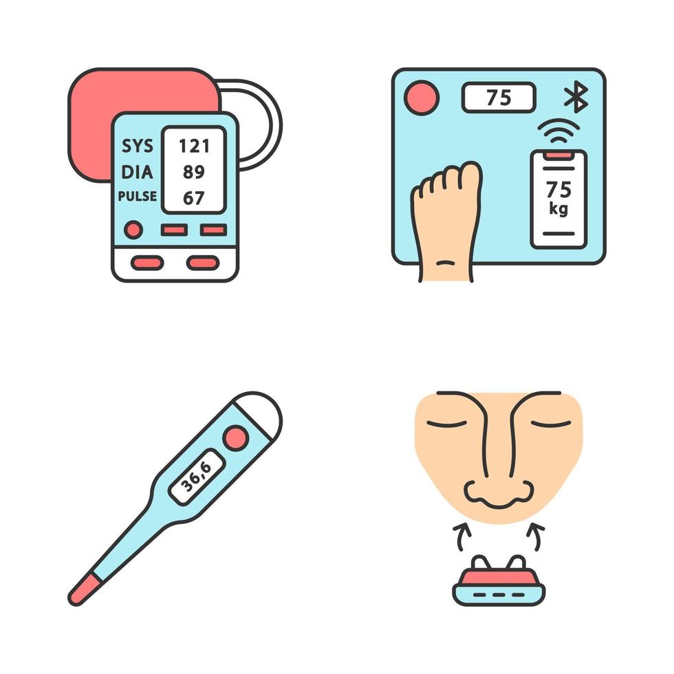 conjunto de ícones de cores de dispositivos médicos. monitor de pressão arterial, balança inteligente de peso corporal, termômetro digital, clipe nasal anti ronco. temperatura, pulso, monitor de gordura corporal. ilustrações vetoriais isoladas vetor