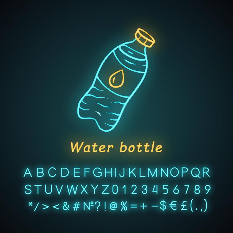 ícone de luz neon de garrafa de água. reciclar, garrafa de plástico reutilizável. água potável, resíduos plásticos. embalagem de economia de ecologia. sinal brilhante com alfabeto, números e símbolos. ilustração vetorial isolada vetor