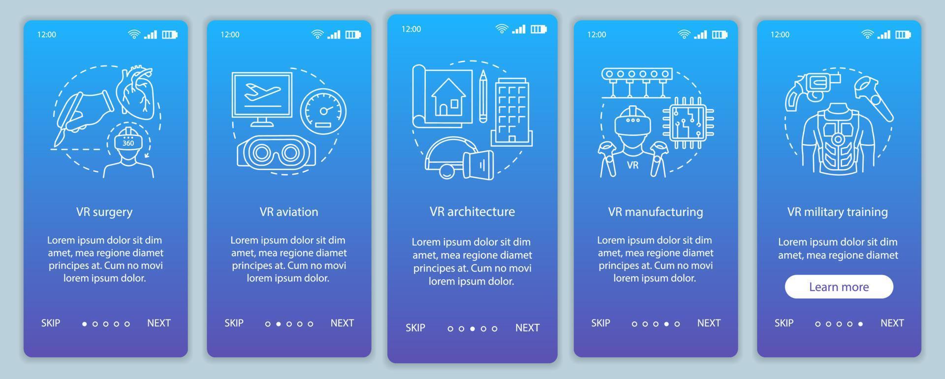 tecnologias de realidade virtual que integram a tela da página do aplicativo móvel com conceitos lineares. cirurgia vr, aviação, militar, ícones gráficos passo a passo de produção. ux, ui, modelo de vetor gui com ícones