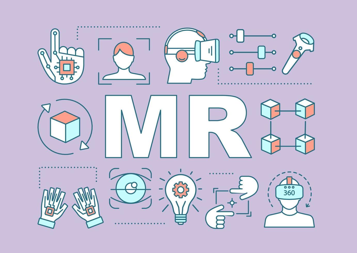 bandeira de conceitos de palavra de realidade mista. possibilidades de realidade aumentada e estendida. sr dispositivos. apresentação, site. ideia de tipografia de letras isoladas com ícones lineares. ilustração de contorno vetorial vetor