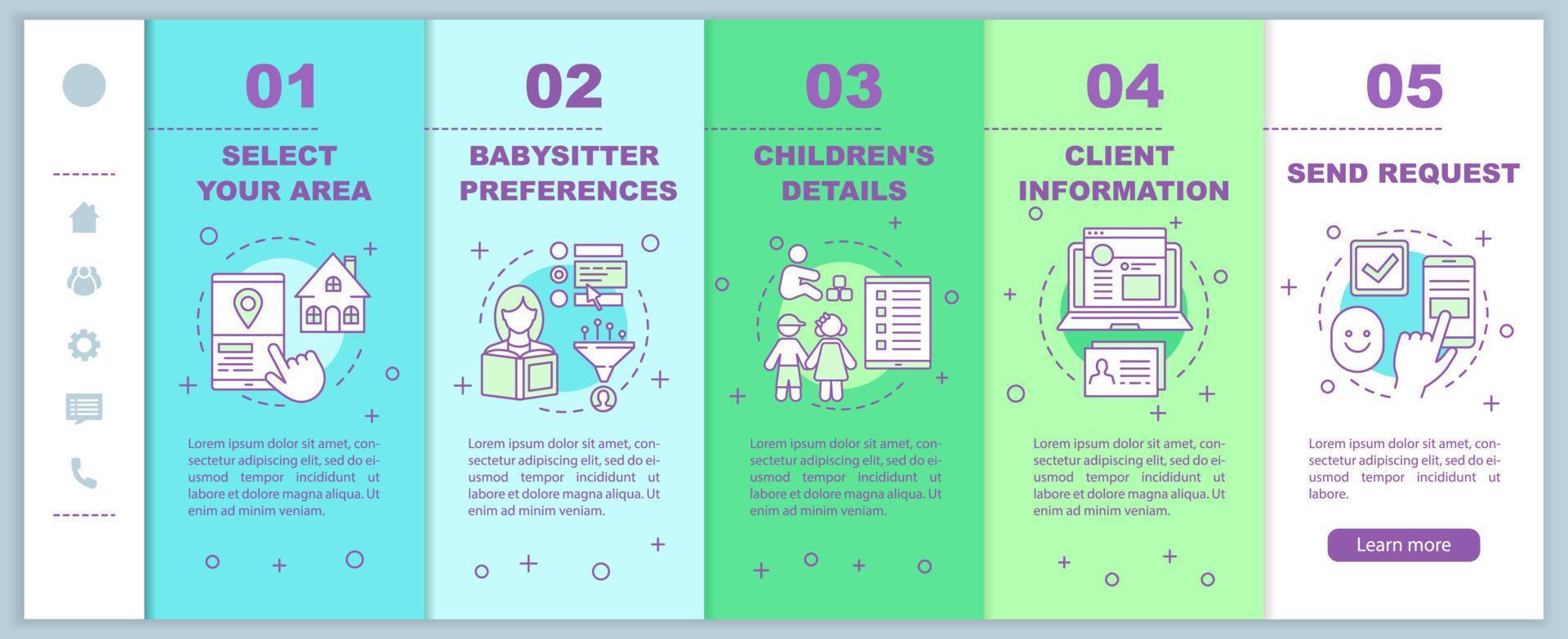 babá reserva onboarding modelo de vetor de página da web móvel. reserva de serviço de creche. agência de babá. ideia de interface de site de smartphone responsivo. tela passo a passo da página da web. conceito de cor